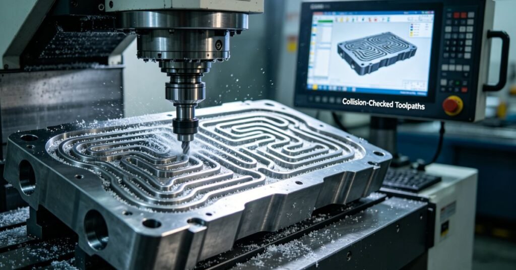 Close-up, realistic shotof a 5-axis machining center cutting a metal part with complex cooling channels, with a CAM simulation showing "Collision-Checked Toolpaths" on the control panel.