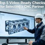 A hyper-realistic photoof two engineers reviewing a 3D engine block model on a large touchscreen in an OEM meeting room, overlaid with the title "Top 5 Video-Ready Checks for Selecting a CNC Partner: How OEMs Avoid 30% Cost Overruns".