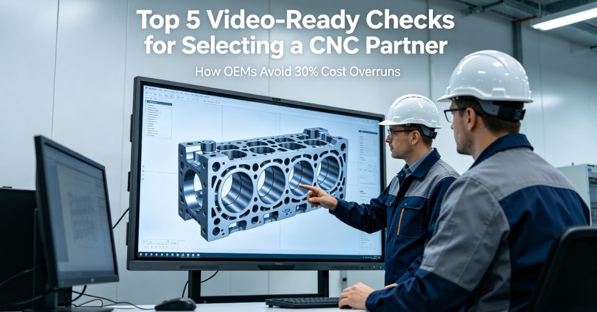 A hyper-realistic photoof two engineers reviewing a 3D engine block model on a large touchscreen in an OEM meeting room, overlaid with the title "Top 5 Video-Ready Checks for Selecting a CNC Partner: How OEMs Avoid 30% Cost Overruns".